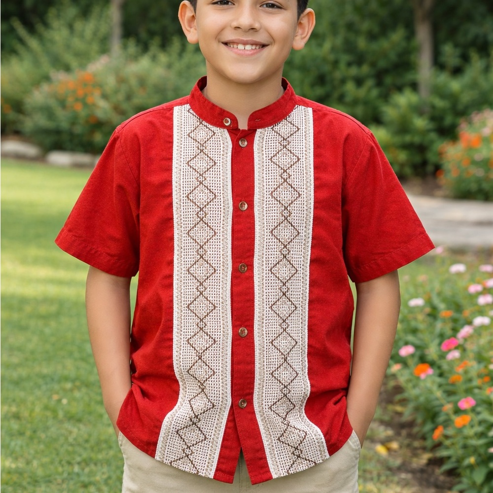 Hand Crafted Red Short-Sleeve Button-Front Shirt with Cream loom Panels
